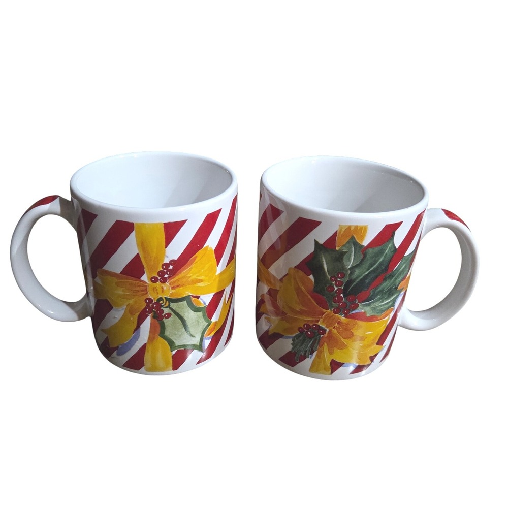 Cypress Point Trading Co Gerrica Connolly Christmas Holly Bow Mugs Set 2 Vintage